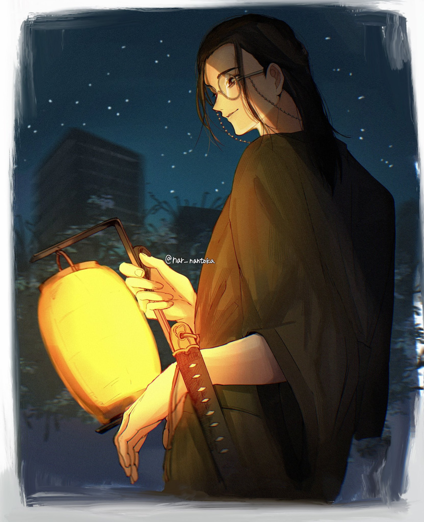 1boy, black_hair, border, commentary_request, cowboy_shot, eyewear_strap, glasses, highres