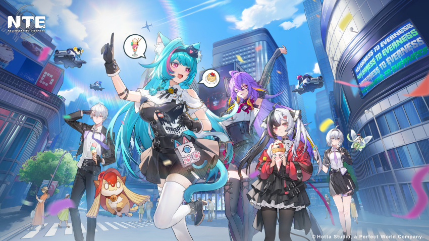 1boy, 4girls, absurdres, aircraft, airplane, animal_ear_fluff, animal_ears, aqua_hair
