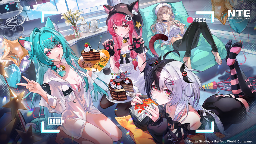 +_+, 4girls, absurdres, animal_ear_fluff, animal_ears, animal_hat, aqua_hair, aqua_nails