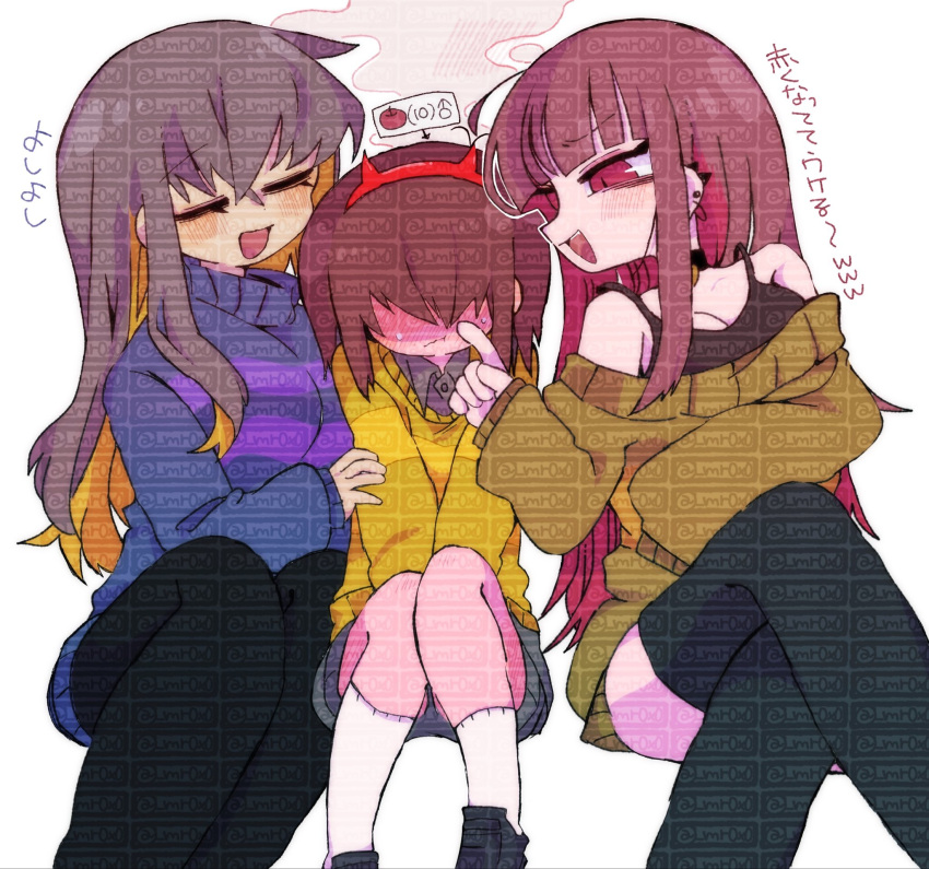 1boy, 2girls, age_difference, age_switch, aged_down, aged_up, alternate_hair_length_(longer), blue_sweater, blush, bra, breasts, brown_hair, chara_(undertale), collared_sweater, commentary_request, covering_privates, deltarune, fake_horns, frisk_(undertale), genderswap, genderswap_(otf), genderswap_(otm), genderswap_on_genderswap, green_sweater, grey_shorts, highres, horns, huge_breasts, kris_(deltarune), long_hair, long_sleeves, looking_at_another, looking_down, mature_female, mr0x0, multicolored_hair, multiple_girls, off-shoulder_sweater, off_shoulder, onee-shota, open_mouth, red_eyes, shirt, short_hair, shorts, shota, simple_background, smile, striped_clothes, striped_sweater, sweat, sweatdrop, sweater, too_many_watermarks, translation_request, two-tone_sweater, undertale, underwear, utdr_(toby_fox), watermark, watermark_grid