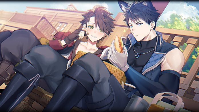 2boys, animal_ears, apron, armor, balcony, black_hair, black_tank_top, blue_eyes, blue_vest, blush, boots, brown_hair, brown_tank_top, building, clouds, commentary_request, day, doto_mori, eating, elbow_gloves, food, gauntlets, gloves, green_eyes, jacket, large_pectorals, looking_at_another, male_focus, multiple_boys, muscular, muscular_male, original, outdoors, pectorals, red_jacket, sandwich, sky, tail, tank_top, vest, wolf_boy, wolf_ears, wolf_tail