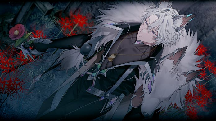 1boy, animal_ears, black_jacket, claw_(weapon), commission, dark_background, doto_mori, expressionless, flower, fur_trim, gauntlets, hikaru_(vtuber), holding, holding_flower, indie_virtual_youtuber, jacket, jewelry, male_focus, necklace, night, serious, short_hair, solo, spider_lily, tail, violet_eyes, virtual_youtuber, weapon, white_hair, wolf_boy, wolf_ears, wolf_head, wolf_tail