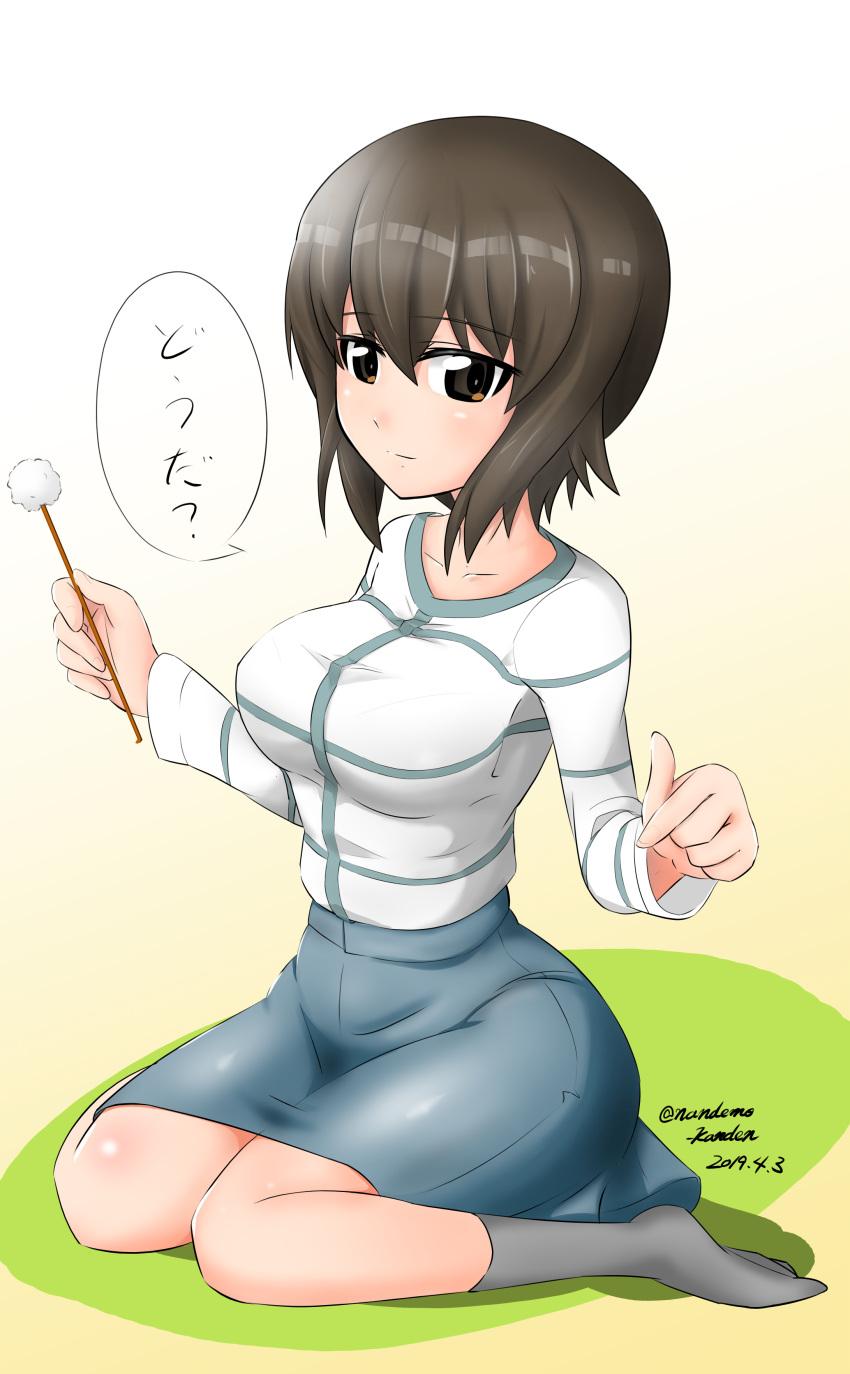 1girl, absurdres, artist_name, blue_skirt, brown_eyes, brown_hair, commentary_request, dated, ear_cleaning, girls_und_panzer, highres, holding, looking_at_viewer, mimikaki, nandemo_kanden, nishizumi_maho, shirt, short_hair, simple_background, sitting, skirt, smile, socks, solo, striped_clothes, wariza, white_shirt