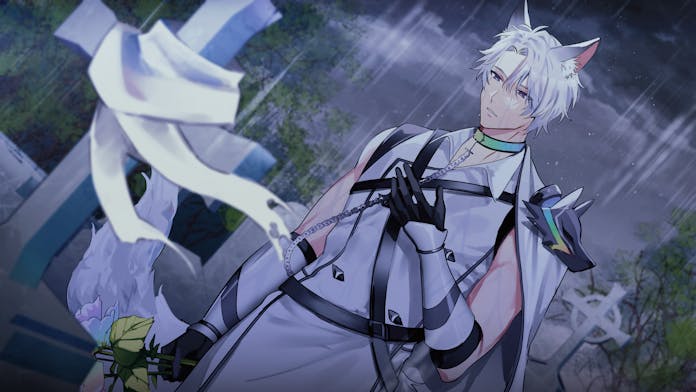 1boy, animal_ears, belt, black_belt, black_gloves, cape, chain, choker, commentary, commission, cross, dark_background, doto_mori, elbow_gloves, english_commentary, expressionless, flower, gloves, graveyard, hikaru_(vtuber), holding, holding_flower, indie_virtual_youtuber, male_focus, night, original, rain, rose, sad, shirt, short_hair, sleeveless, sleeveless_shirt, solo, tail, tombstone, violet_eyes, virtual_youtuber, white_cape, white_hair, white_shirt, white_theme, wolf_boy, wolf_ears, wolf_tail
