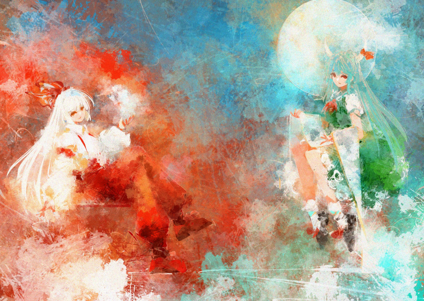 2girls, amor_tibi, blue_background, bow, collared_shirt, commentary_request, complementary_colors, crossed_legs, dress, ex-keine, fujiwara_no_mokou, full_body, full_moon, green_dress, green_hair, hair_bow, highres, holding, holding_scroll, horn_bow, horn_ornament, horns, invisible_chair, juliet_sleeves, kamishirasawa_keine, long_hair, long_sleeves, looking_at_viewer, moon, multiple_girls, multiple_theme_colors, pants, pinafore_dress, puffy_sleeves, red_background, red_eyes, red_pants, scroll, shirt, shoes, short_sleeves, sitting, sleeveless, sleeveless_dress, smile, socks, touhou, two-tone_background, white_hair, white_shirt, white_socks