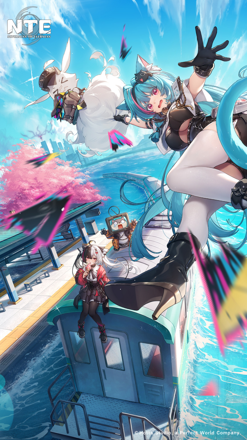absurdres, animal_ear_fluff, animal_ears, aqua_hair, badge, bat_girl, black_boots, black_pantyhose