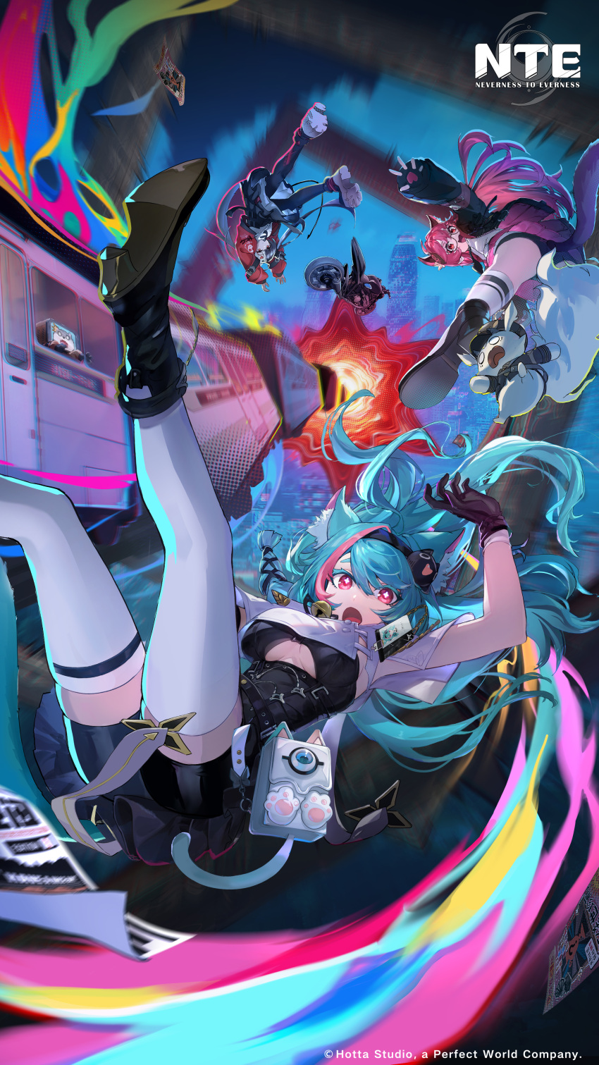3girls, absurdres, animal_ear_fluff, animal_ears, aqua_hair, bat_girl, black-framed_eyewear, black_boots