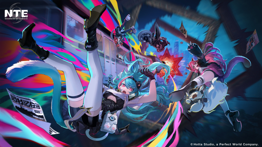 3girls, absurdres, animal_ear_fluff, animal_ears, aqua_hair, bat_girl, black-framed_eyewear, black_boots
