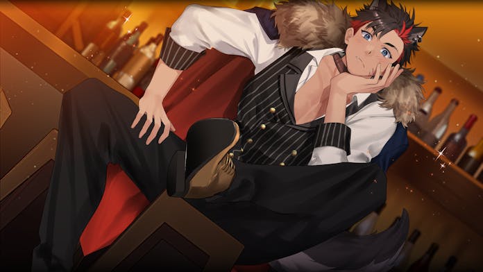 1boy, animal_ears, bar_(place), black_hair, black_pants, black_shoes, blue_eyes, bottle, choker, commission, dog_boy, dog_ears, dog_tail, doto_mori, eyebrow_cut, fur_trim, haishan_nick, male_focus, multicolored_hair, original, pants, red_hair, scar, scar_on_cheek, scar_on_face, shirt, shoes, short_hair, skeb_commission, sparkle, striped_clothes, striped_vest, tail, vest, white_shirt