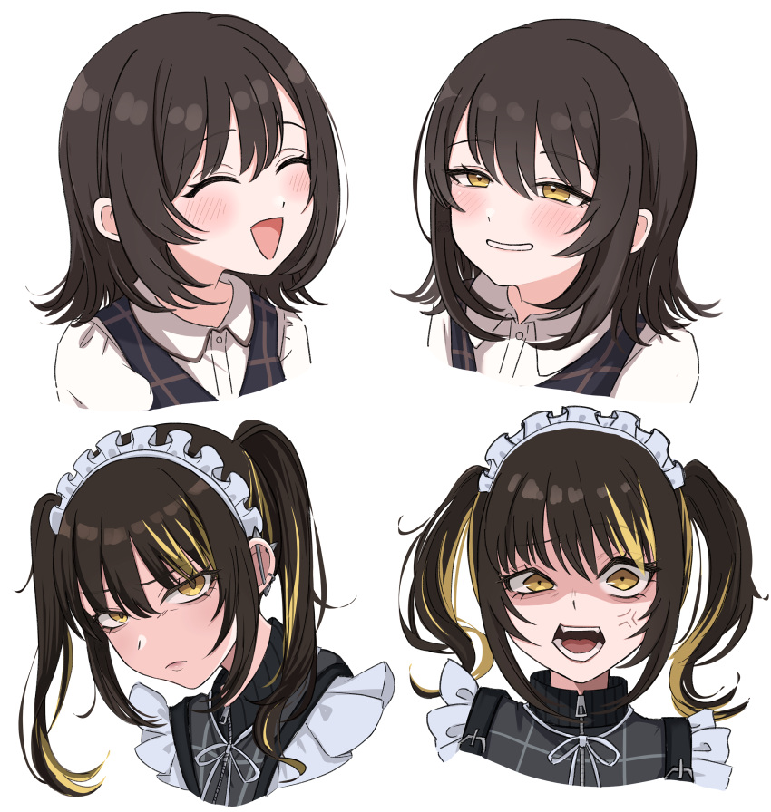 1girl, absurdres, amashi_2278, anger_vein, black_hair, blonde_hair, blush, closed_eyes