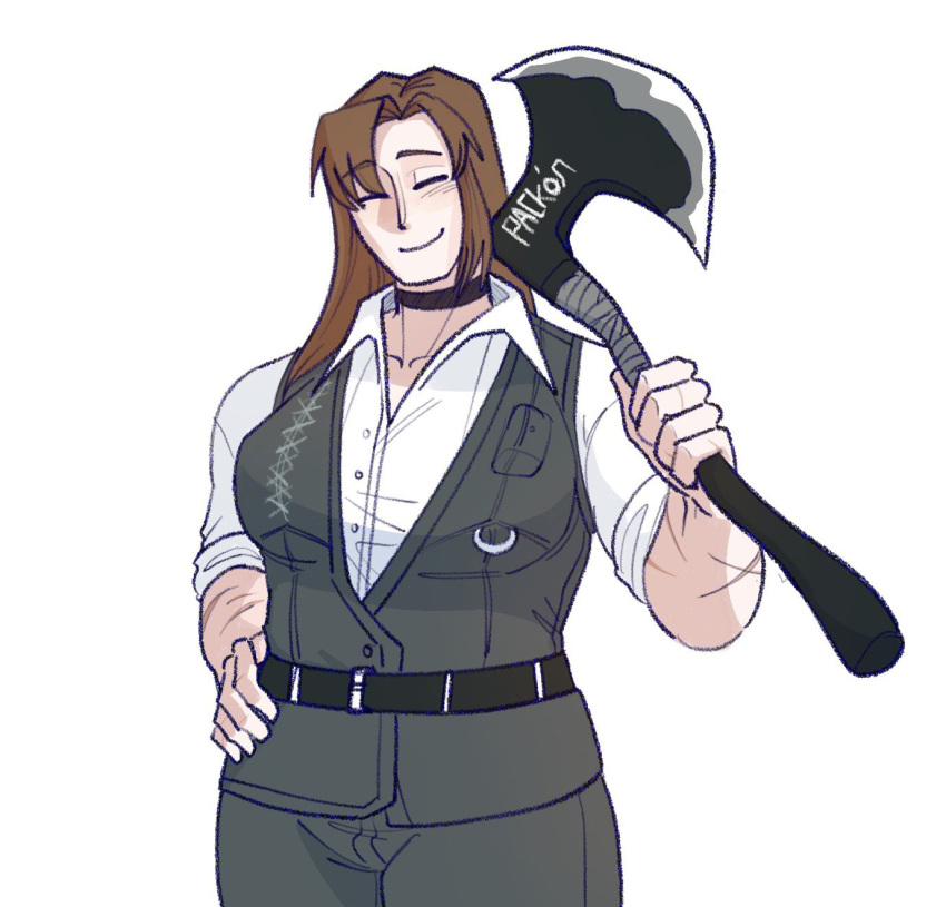 1girl, axe, belt, black_pants, breast_pocket, brown_hair, choker, closed_eyes