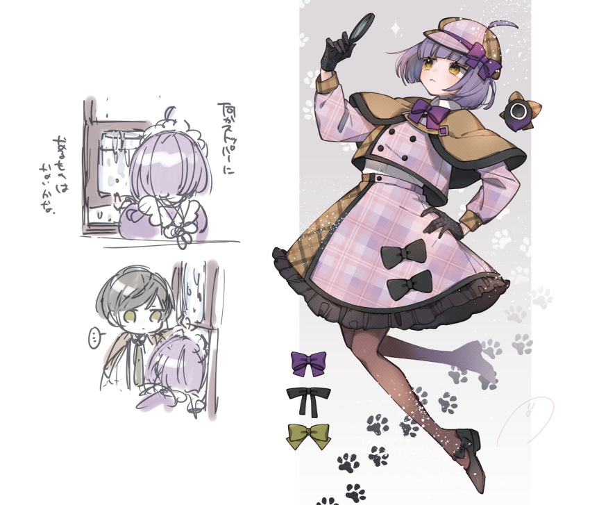 ..., 1boy, 1girl, :<, black_hair, black_shoes, bow, detective