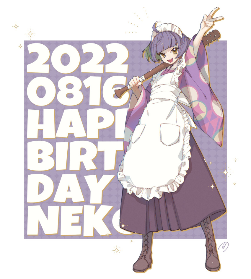 1girl, :d, ahoge, apron, baseball_bat, boots, brown_boots, character_name