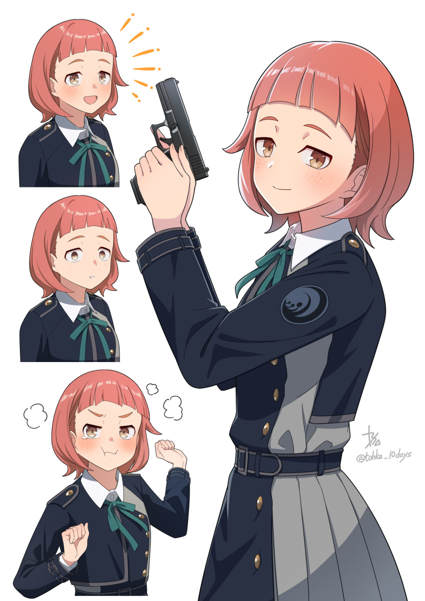 1girl, :d, :i, blush, commentary_request, dress, freckles, glock