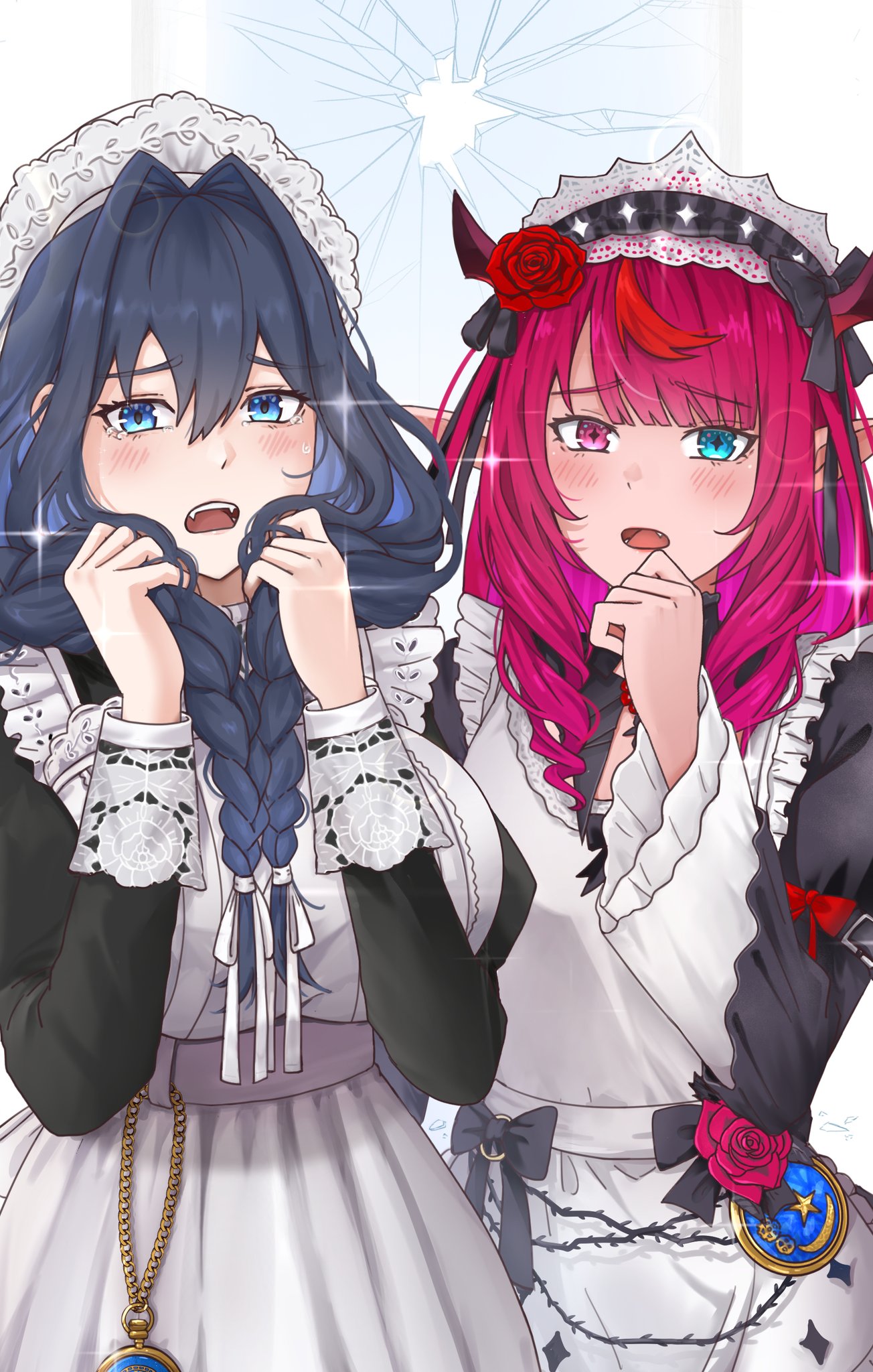 2girls, apron, black_bow, black_shirt, blue_eyes, blue_hair, blush, bow