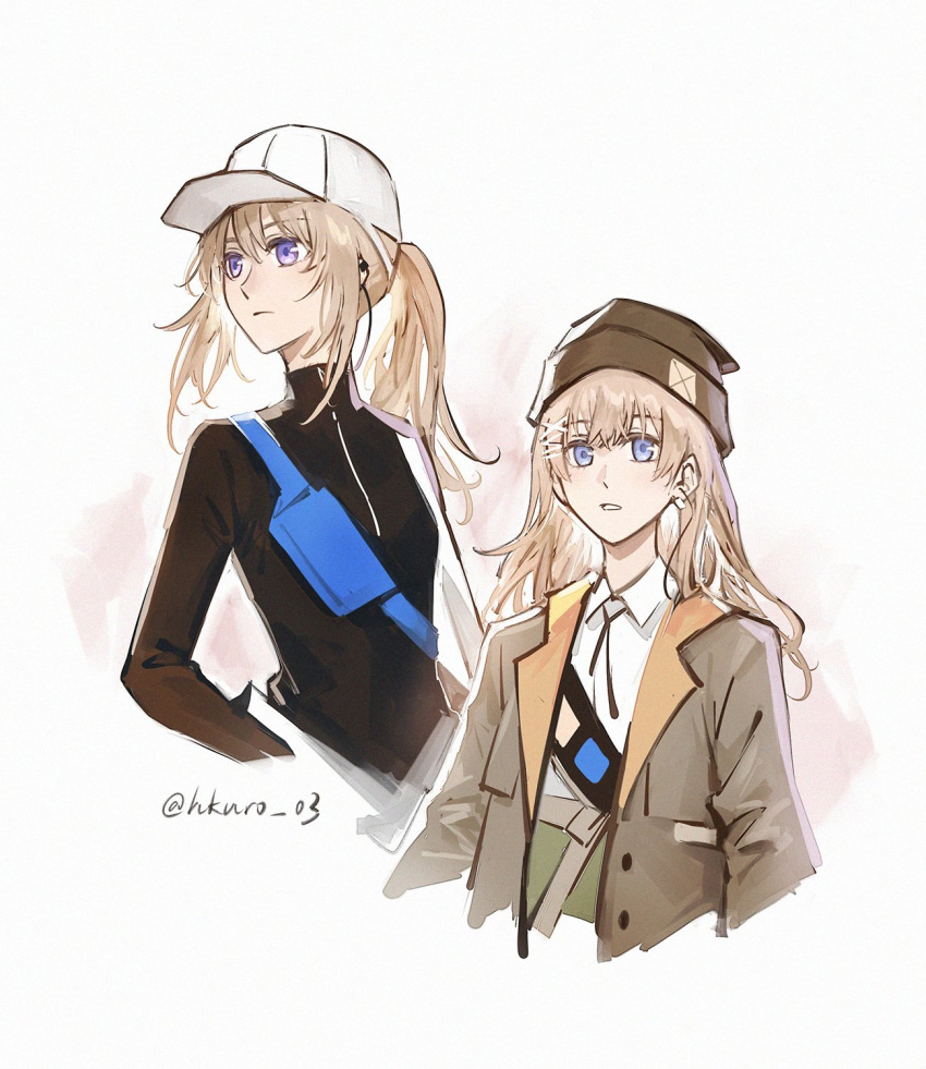 2girls, baseball_cap, beanie, black_leggings, blue_gloves, bodysuit, collared_shirt, girls_frontline