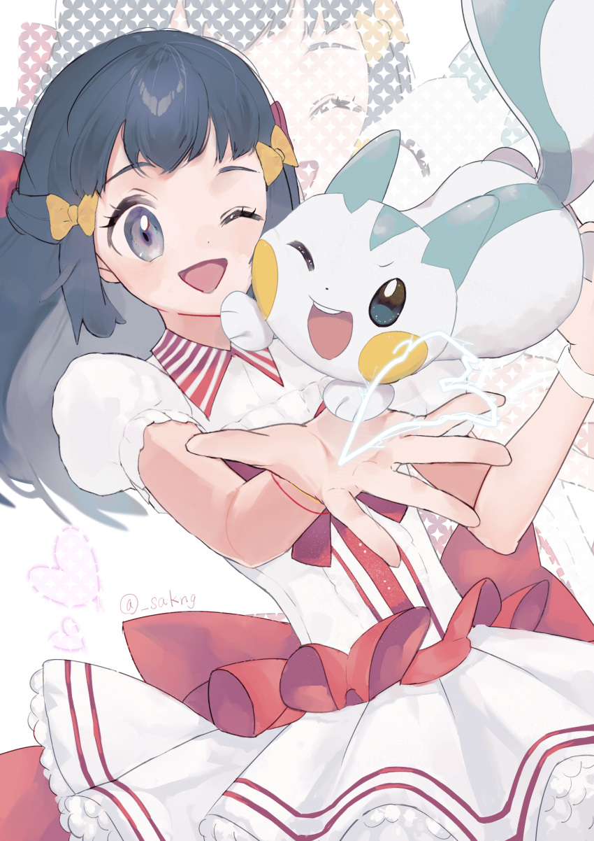 1girl, :d, ;d, absurdres, blue_eyes, blue_hair, blush, bow, collared_shirt, commentary_request, dawn_(contest)_(pokemon), electricity, eyelashes, frilled_skirt, frills, hair_bow, highres, hikari_(pokemon), official_alternate_costume, one_eye_closed, open_mouth, pachirisu, pokemon, pokemon_(creature), pokemon_brilliant_diamond_and_shining_pearl, puffy_short_sleeves, puffy_sleeves, sakng, shirt, short_hair, short_sleeves, skirt, smile, white_shirt, white_skirt, yellow_bow