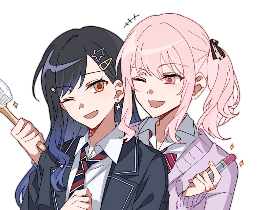 +++, 1girl, 1other, :d, ;d, akiyama_mizuki, black_hair, black_jacket, blazer, blue_hair, bow, bowtie, cardigan, chicaki, chinese_commentary, collared_shirt, commentary_request, cosmetics, diagonal-striped_bow, diagonal-striped_bowtie, diagonal-striped_clothes, diagonal-striped_necktie, dress_shirt, earrings, gradient_hair, hair_behind_ear, hair_brush, hair_ornament, hair_ribbon, hairclip, hand_up, hands_up, holding, holding_hair_brush, holding_lipstick_tube, jacket, jewelry, kamiyama_high_school_uniform_(project_sekai), lapels, laughing, lipstick_tube, long_hair, long_sidelocks, long_sleeves, looking_at_another, multicolored_hair, necktie, notched_lapels, one_eye_closed, open_mouth, orange_eyes, pink_eyes, pink_hair, project_sekai, purple_cardigan, red_bow, red_bowtie, ribbon, school_uniform, shiraishi_an, shirt, side_ponytail, sidelocks, simple_background, smile, star_(symbol), star_earrings, star_hair_ornament, striped_bow, striped_bowtie, striped_clothes, striped_necktie, upper_body, white_background, white_shirt