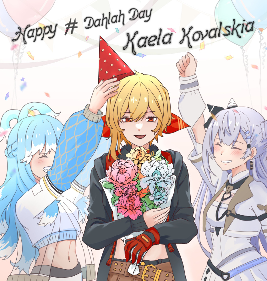 absurdres, arms_up, balloon, belt, birthday, black_jacket, blonde_hair, blue_hair