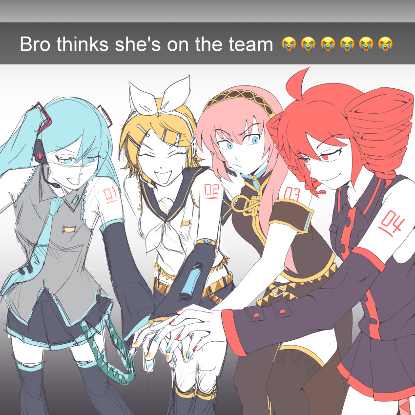 4girls, absurdres, ahoge, aqua_eyes, aqua_hair, blonde_hair, blud_thinks_he's_on_the_team_(meme), blue_eyes