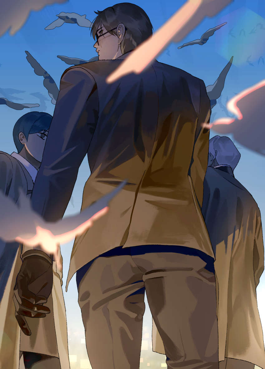 1girl, 2boys, absurdres, black_gloves, brown_hair, commentary, day, from_behind