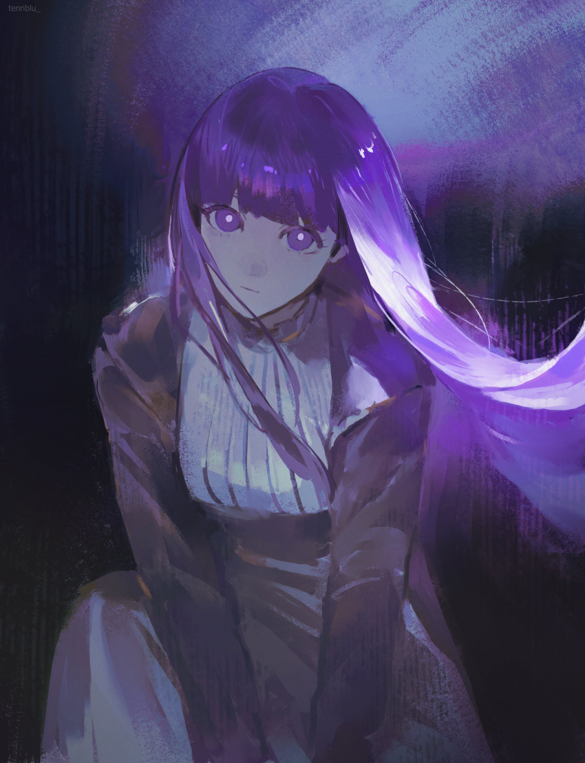 1girl, absurdres, black_coat, blunt_bangs, breasts, closed_mouth, coat, commentary, dress, fern_(sousou_no_frieren), floating_hair, highres, lapels, large_breasts, long_hair, long_sleeves, looking_at_viewer, purple_theme, solo, sousou_no_frieren, tenriblu, very_long_hair, violet_eyes, white_dress
