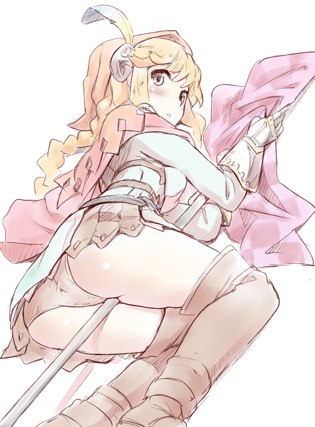 blonde_hair, blue_eyes, blush, boots, braid, cape, feathers, flag
