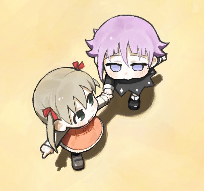 1girl, 1other, black_dress, commentary, crona_(soul_eater), dress, from_above, green_eyes, grey_hair, holding_hands, maka_albarn, orange_dress, pink_hair, pointing, pottyan_0, shadow, soul_eater, two_side_up, violet_eyes, walking, yellow_background