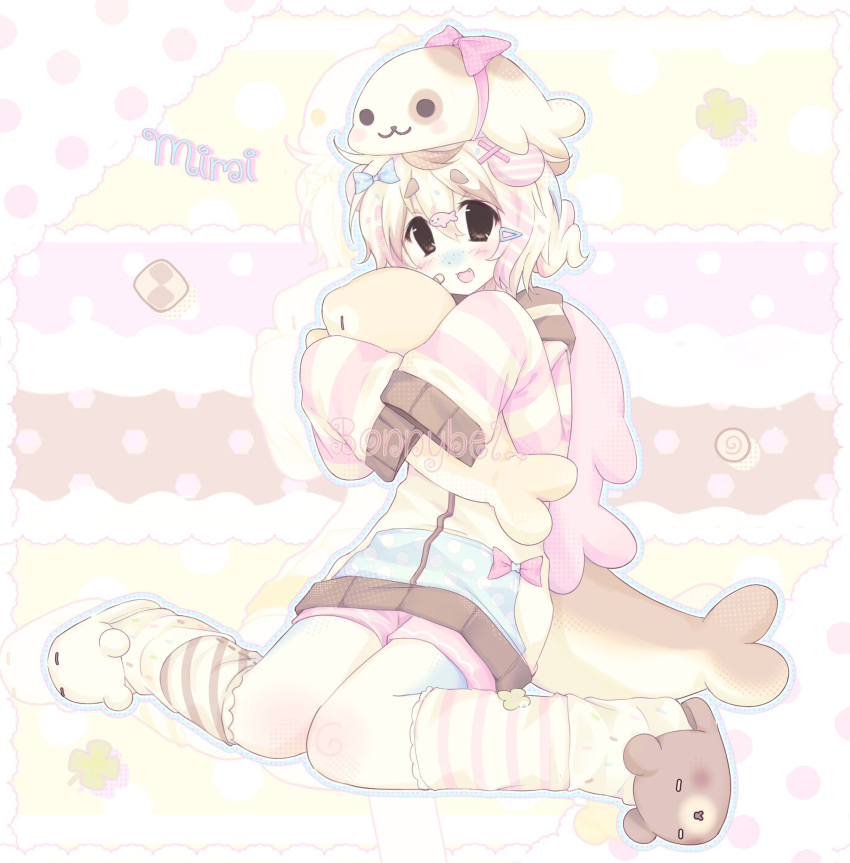 :3, animal_hair_ornament, animal_slippers, bandaid, bandaid_on_cheek, bandaid_on_face, bear_slippers, blue_bow