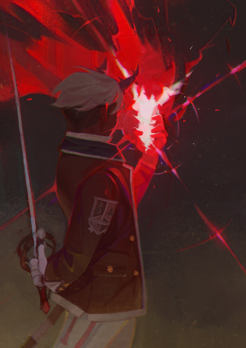 1boy, absurdres, apollo_(deadlock), casting_spell, colored_skin, deadlock_(game), demon_boy, facing_away, fencing_suit, from_behind, gameplay_ability, gameplay_mechanics, gloves, highres, holding, holding_behind_back, holding_sword, holding_sword_behind_back, holding_weapon, holding_weapon_behind_back, horns, jacket, joshininaround, male_focus, rapier, red_jacket, red_skin, short_hair, simple_background, solo, sword, tail, weapon, white_gloves, white_hair