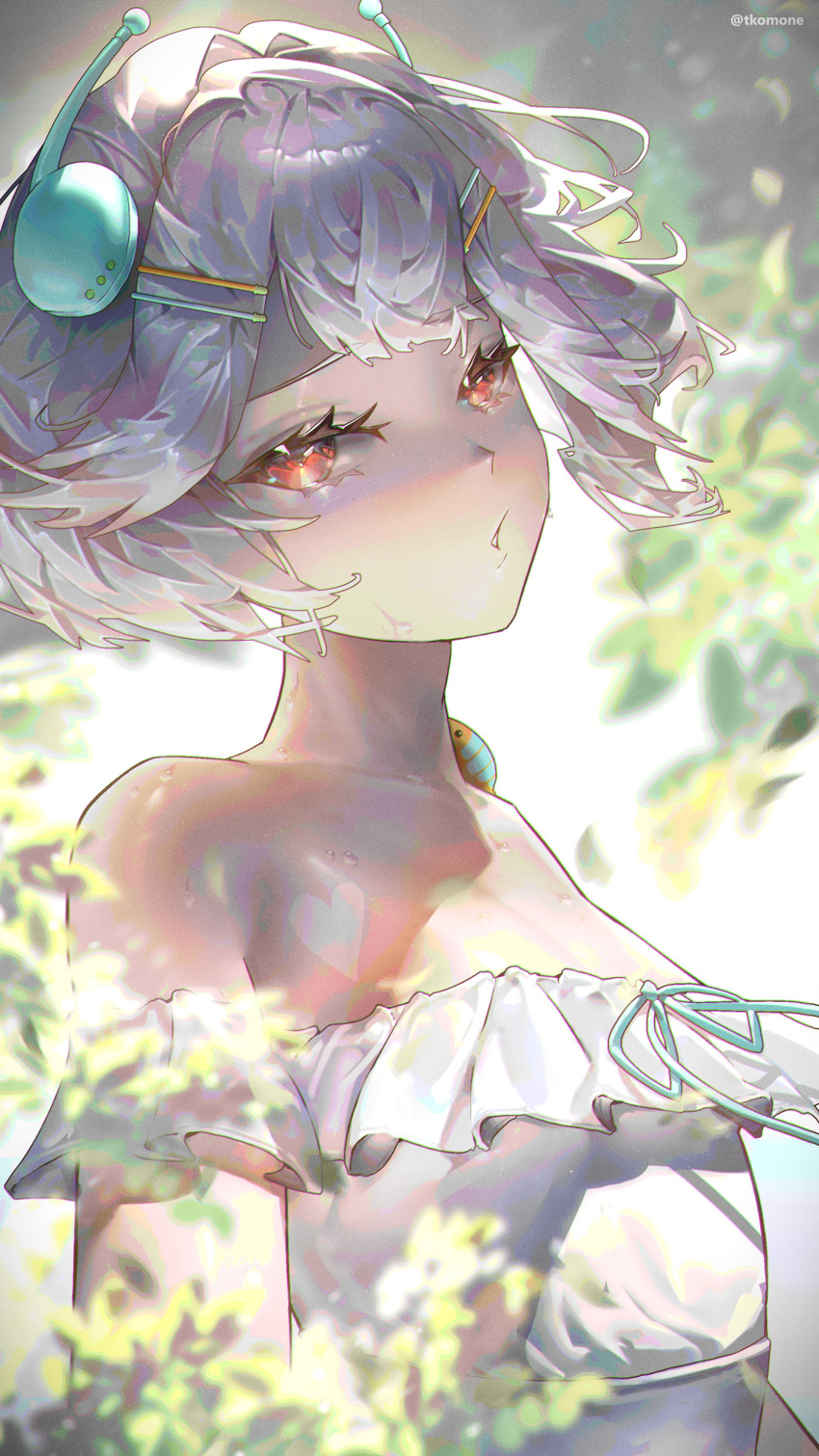 1girl, absurdres, antennae, artist_name, bare_shoulders, blue_ribbon, body_markings, codebug_(ellie_minibot)