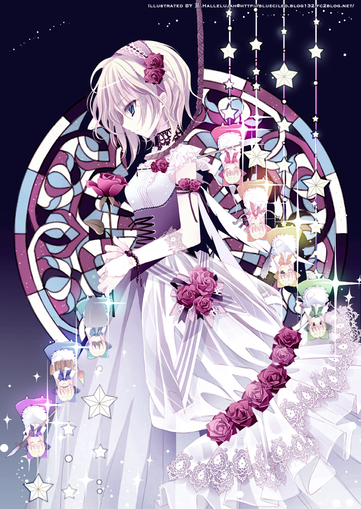 alice_margatroid, alternate_costume, blonde_hair, blue_eyes, blue_hallelujah, bow, dress, flower, hair_ornament, hairband, lan_hallelujah, open_mouth, polearm, rose, shanghai_doll, short_hair, solo, spear, star, touhou, weapon