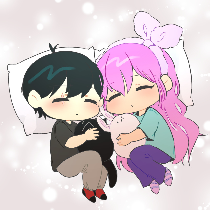 1boy, 1girl, alternate_costume, antenna_hair, aubrey_(faraway)_(omori), aubrey_(omori), black_hair, black_shirt