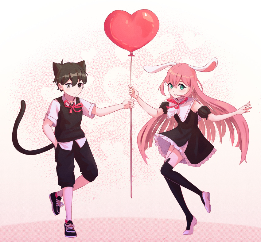 1boy, 1girl, absurdres, alternate_costume, animal_ears, antenna_hair, aubrey_(faraway)_(omori), aubrey_(omori)