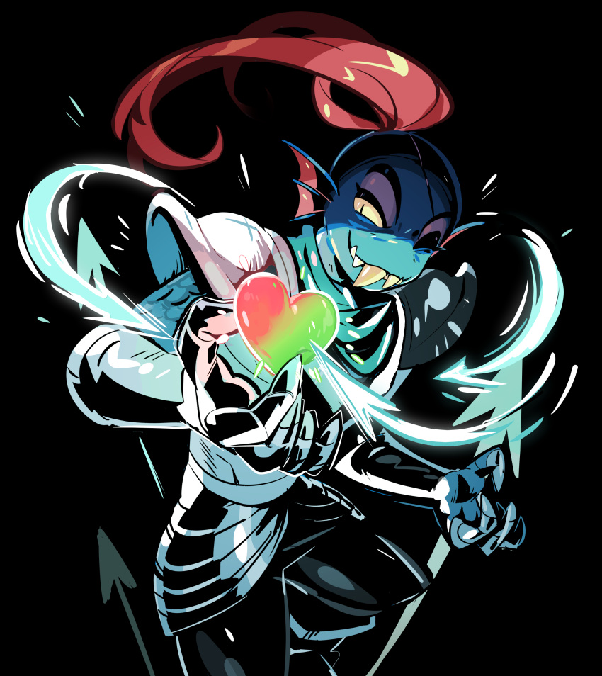 absurdres, armor, arrow_(projectile), black_background, blue_skin, colored_skin, fins, fish_girl, gogeyama, head_fins, high_contrast, highres, long_hair, polearm, red_hair, red_soul_(utdr), sharp_teeth, simple_background, soul_(utdr), spear, teeth, undertale, undyne, utdr_(toby_fox), weapon