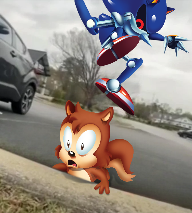 1boy, car, claws, furry, furry_male, is_this_the_first_meme_of_2024_(meme), kicking, meme, metal_sonic, motor_vehicle, no_humans, non-humanoid_robot, official_style, open_mouth, outdoors, photo_background, red_eyes, ricky_(sonic), road, robot, robot_animal, scene_reference, sidewalk, sky, sonic_(series), squirrel, street, surprised, tail, thatoneloaf, tree, truck, weapon