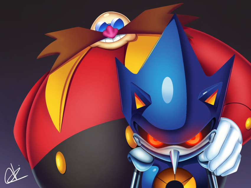 2boys, arm_around_shoulder, bald, black_sclera, blue-tinted_eyewear, blue_eyes, brown_hair, buttons, colored_sclera, crossover, dr._eggman, evil_grin, evil_smile, facial_hair, fat, fat_man, furry, furry_male, glasses, gloves, glowing, glowing_eyes, gradient_background, grin, hand_on_another's_shoulder, hands_on_another's_shoulders, highres, jacket, joints, long_sleeves, looking_at_viewer, male_focus, metal_sonic, multiple_boys, mustache, no_mouth, pince-nez, red_eyes, red_jacket, robot, robot_joints, round_eyewear, shirt, smile, sonic_(series), sunglasses, teeth, thatoneloaf, tinted_eyewear, upper_body, white_gloves