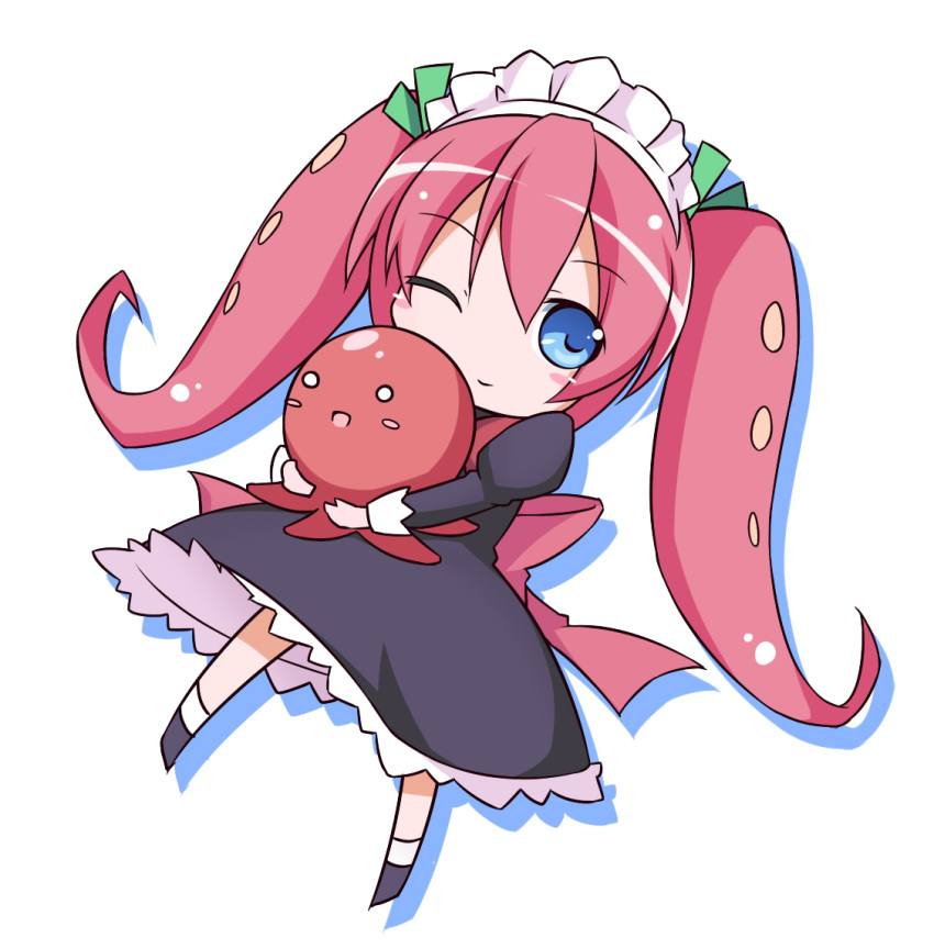 chibi, dress, highres, kaiten_muten-maru, kirara-sakura, lolitako, maid_headdress, octopus, pink_hair, smile, solo, tentacle, tentacle_hair, tentacles, twintails, wink