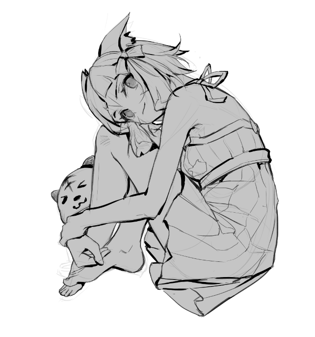 1girl, animal_ears, bare_shoulders, barefoot, blunt_bangs, ca_zi, cat_ears, commentary_request