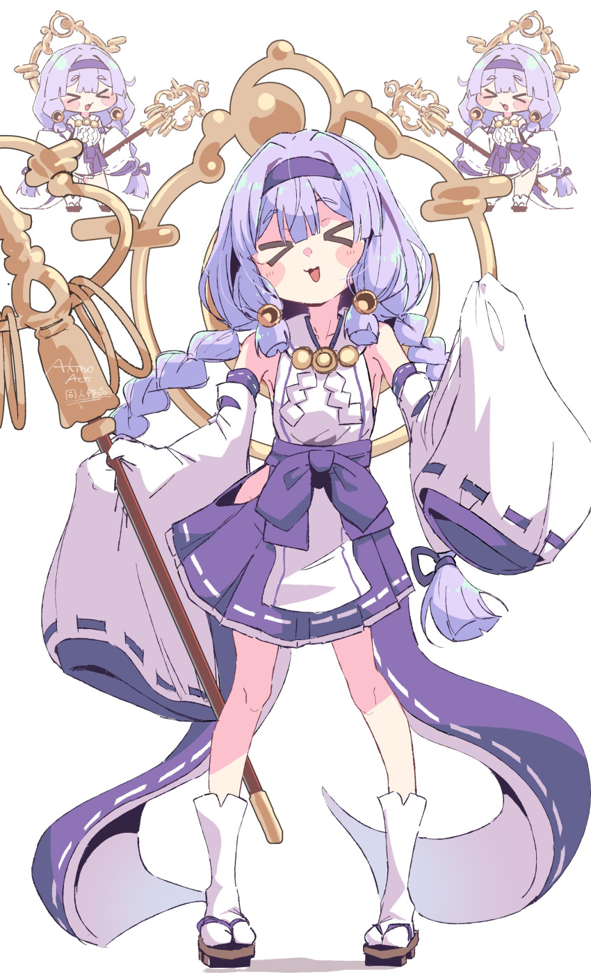 >_<, 1girl, absurdres, akino_yoo, blush_stickers, braid, chibi, commentary_request, dancing, detached_sleeves, flat_chest, full_body, geta, hair_ribbon, hairband, hakama, hakama_skirt, highres, holding, holding_staff, japanese_clothes, long_hair, long_sleeves, low_twin_braids, multiple_views, nontraditional_miko, open_mouth, pleated_skirt, purple_hair, purple_hairband, purple_ribbon, purple_skirt, purple_trim, ribbon, simple_background, skirt, sleeves_past_fingers, sleeves_past_wrists, smile, staff, standing, straight-on, tabi, trickcal, twin_braids, very_long_hair, white_background, white_sleeves, wide_sleeves, yomi_(trickcal)