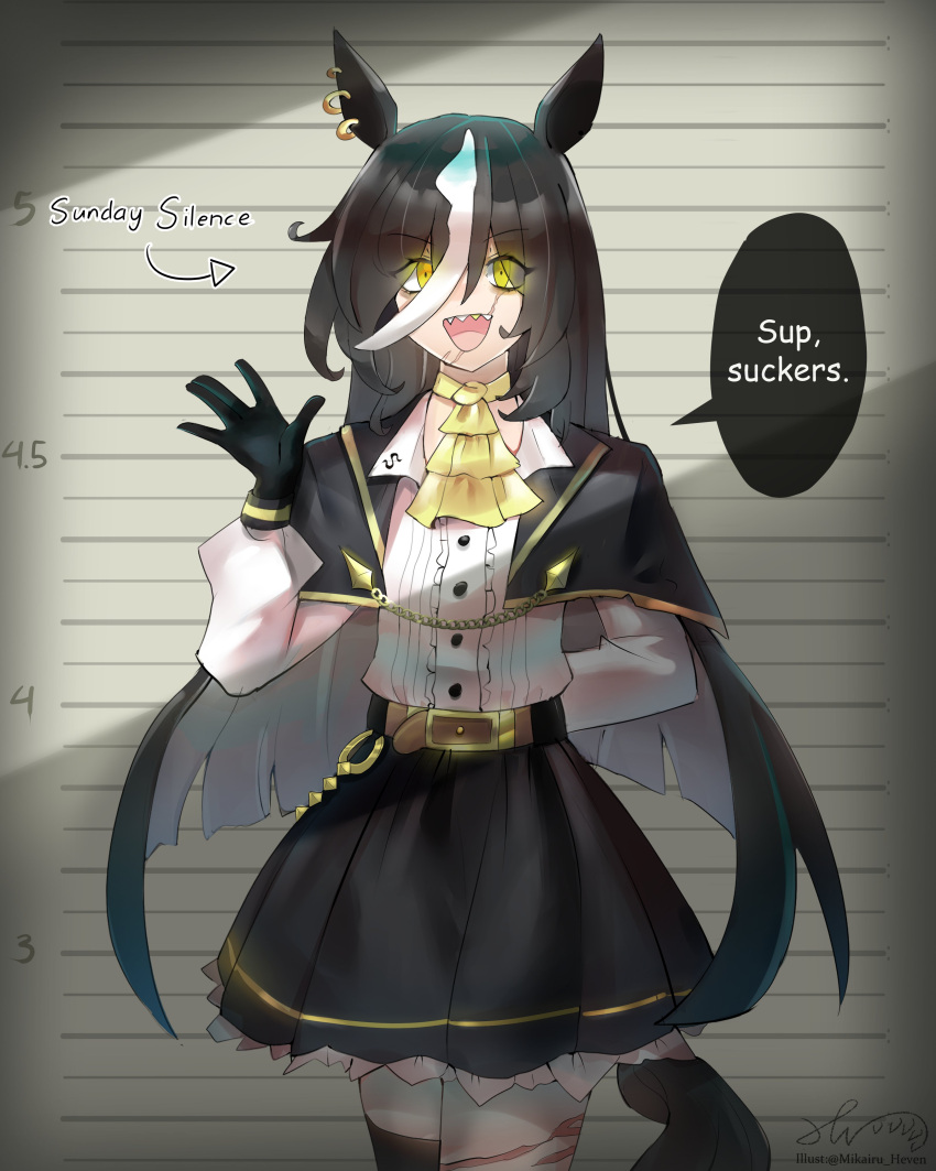 absurdres, animal_ears, black_hair, commentary, dialogue, ear_tag, english_commentary, highres