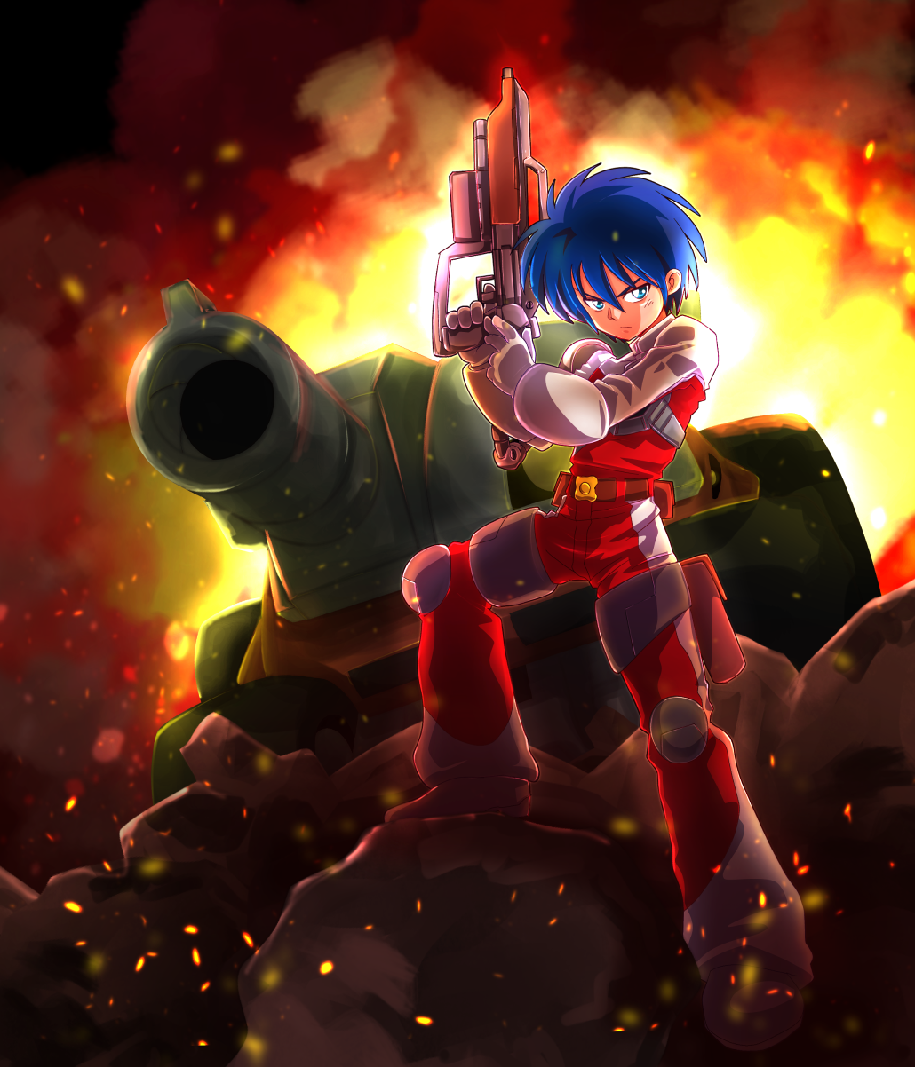 1boy, belt, belt_pouch, blaster_master, blue_eyes, blue_hair, brown_belt, closed_mouth