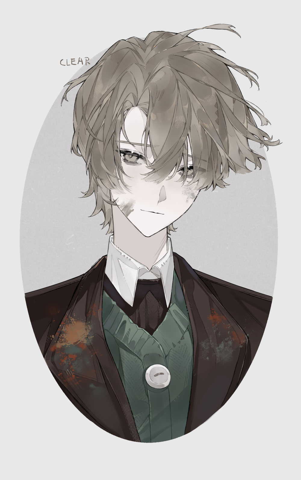 1boy, brown_jacket, chinese_commentary, closed_mouth, commentary_request, dirty, dirty_face, green_sweater