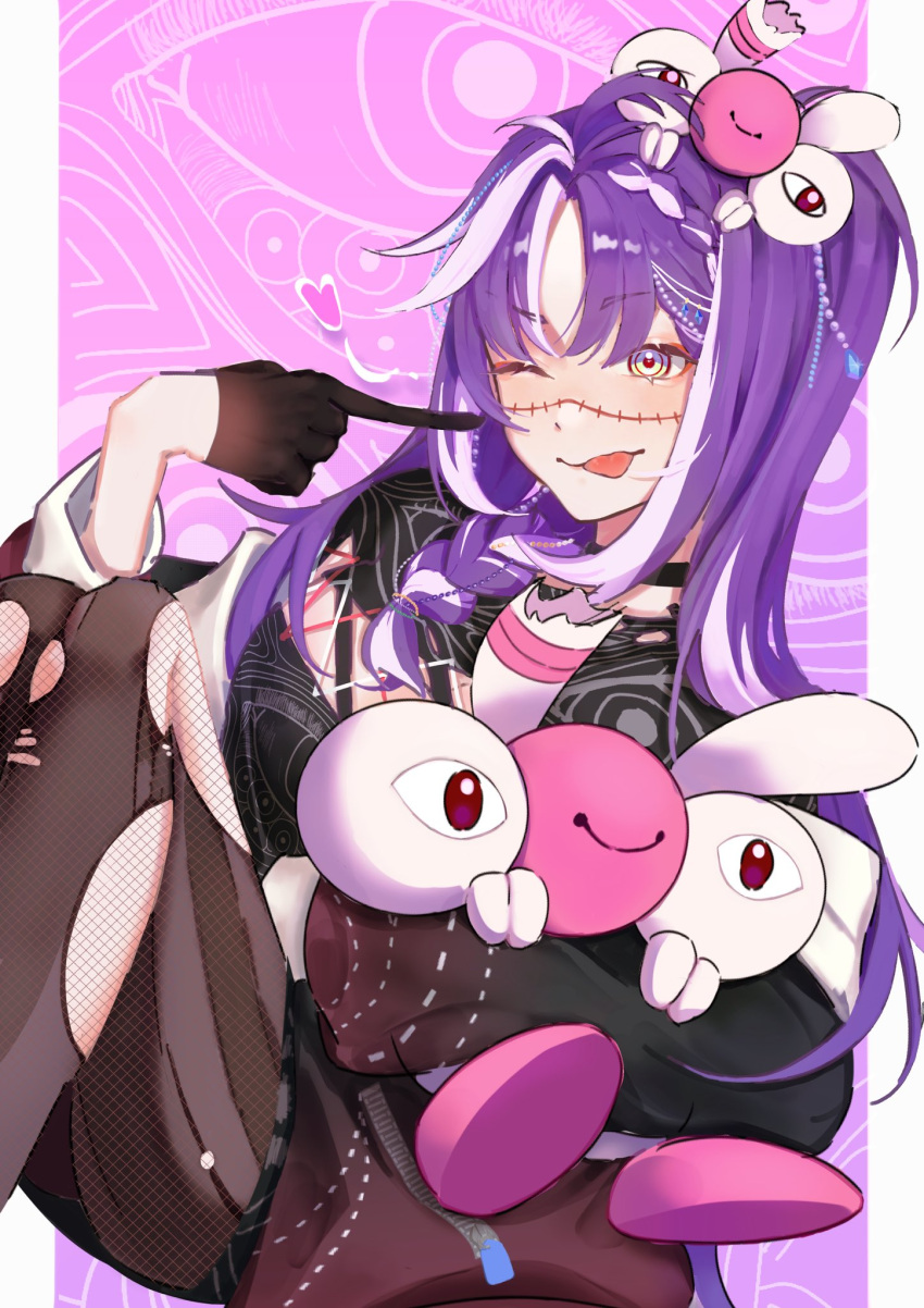 1girl, ahoge, black_choker, black_gloves, black_shirt, choker, creature_on_head, eye_print