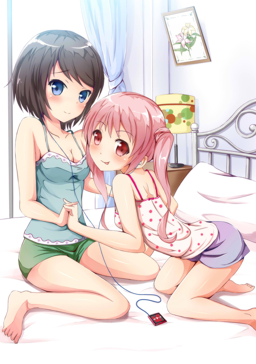 :p, absurdres, bare_legs, bare_shoulders, barefoot, black_hair, blue_eyes, blush