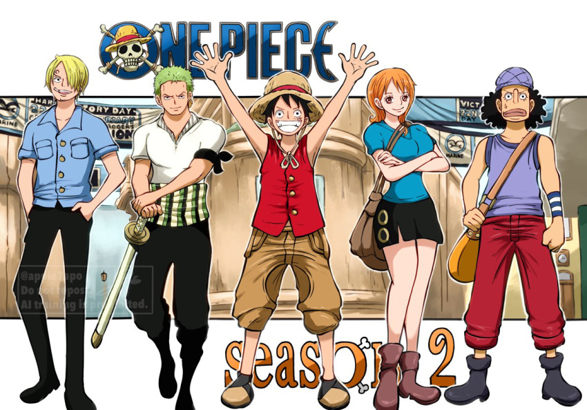 1girl, 4boys, apple7apo, arms_up, bag, bandana, bandana_around_arm, bare_legs