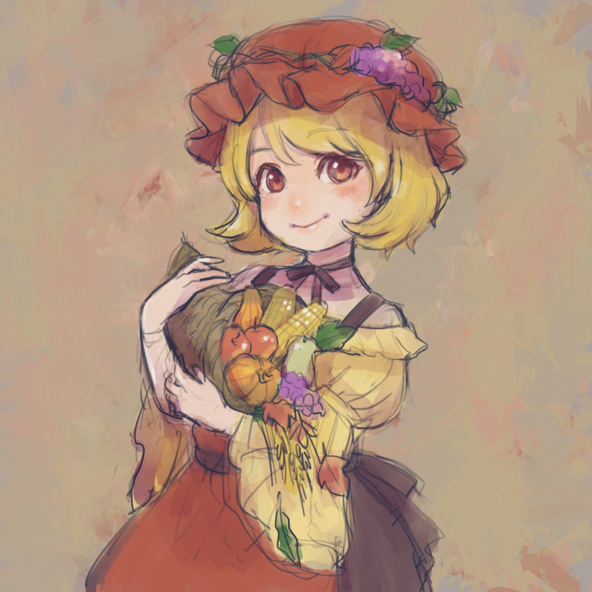 1girl, aki_minoriko, an-chan_(ananna0315), apple, apron, basket, black_dress, black_ribbon