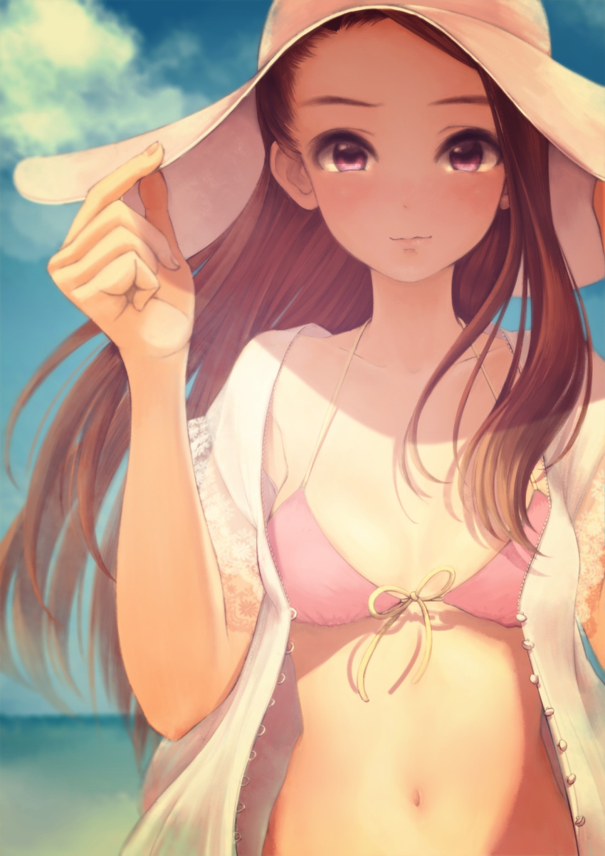 adjusting_hat, bikini, blush, brown_eyes, brown_hair, cloud, front-tie_top, hand_on_hat