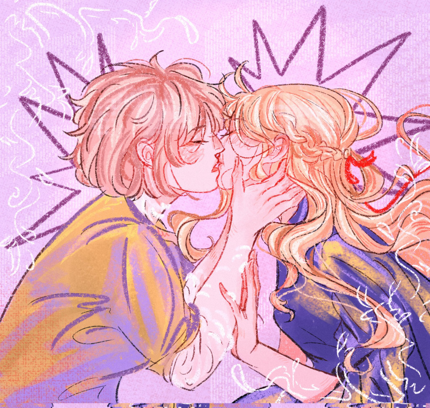 2girls, applepi1_e, blonde_hair, blue_shirt, braid, closed_eyes, commentary, dungeon_meshi, falin_touden, half_up_braid, highres, imminent_kiss, long_hair, marcille_donato, multiple_girls, shirt, short_hair, yellow_shirt, yuri
