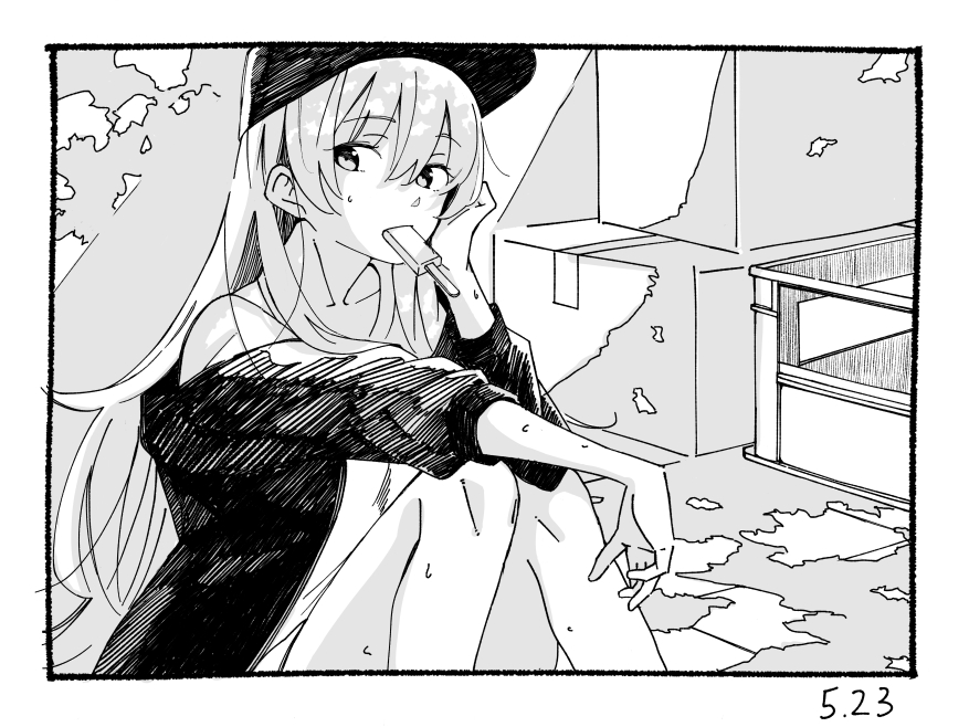 1girl, aikawa_megumi, aikawa_megumi_(casual), box, food, food_in_mouth, hat, heaven_burns_red, ikesi4431, jacket, long_hair, looking_to_the_side, on_ground, open_clothes, open_jacket, popsicle, popsicle_in_mouth, sweat